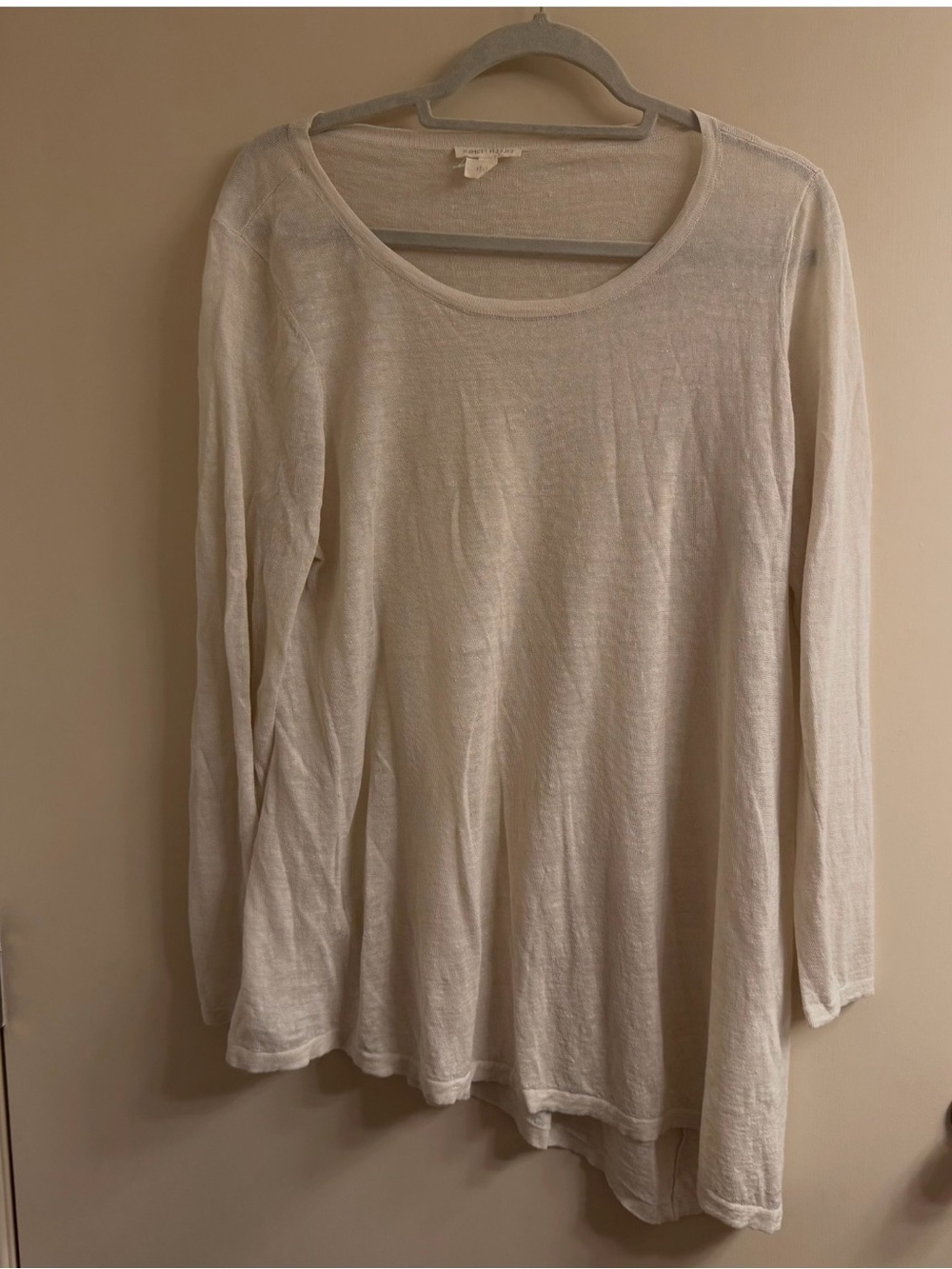 Eileen Fisher Sheer Asymmetrical Long Sleeve LinenTunic Cream Off-White Size M